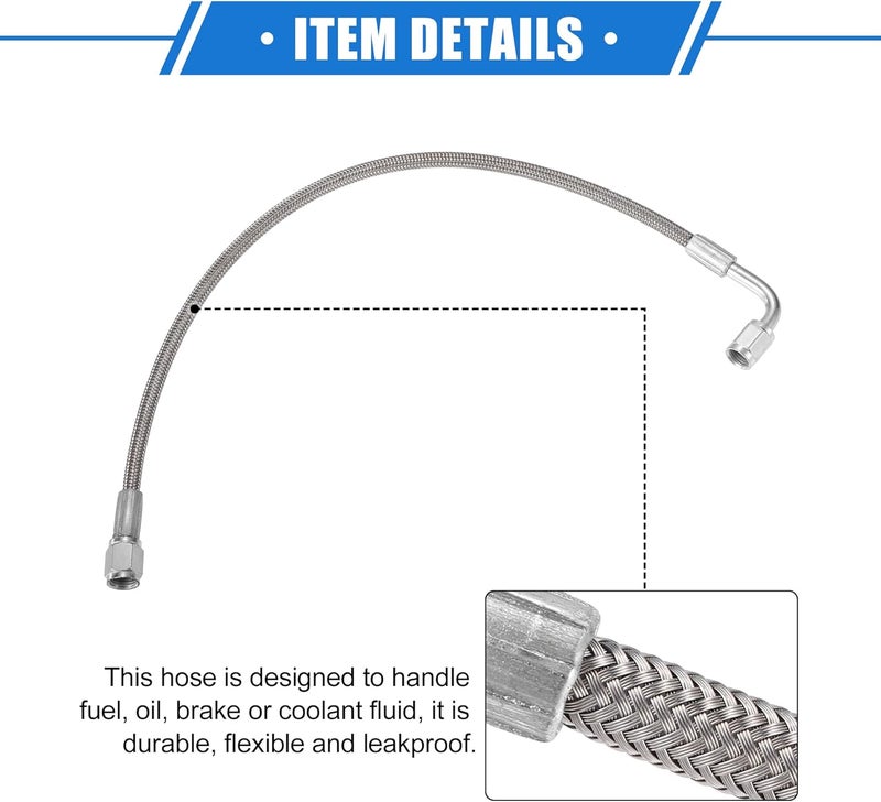 VekAuto AN3 Braided Steel Turbo Oil Feed Line 90 Degree to Straight Hose End, 15" Remote Turbocharger Oil Drain Return Line Universal for Car Durable Stainless Steel PTFE Silver Tone - Image 5